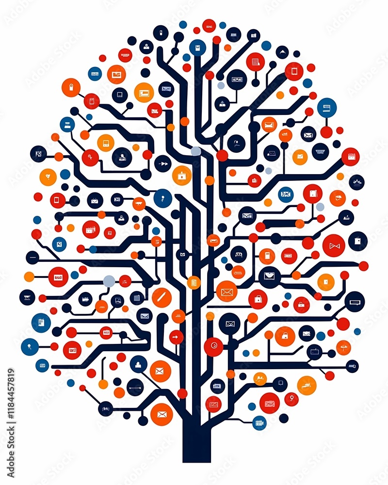 Poster a stylized tree design made of circuit patterns and colorful icons, symbolizing technology and conne