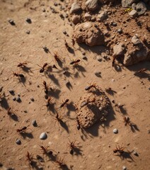 Obraz premium Aerial view of ants carrying food and debris back to their anthill, aerial view, intricate details, anthill