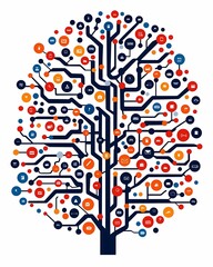 Obraz premium A stylized tree design made of circuit patterns and colorful icons, symbolizing technology and connectivity.
