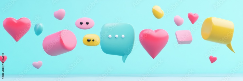 Fototapete 3D floating chat bubbles and hearts create a vibrant composition in a cheerful color palette against a blue background. Generative AI