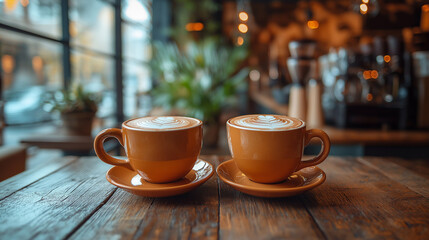 Obraz premium cups of coffee cappuccino with latte art on the table