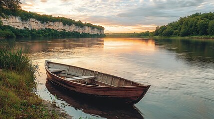 Obraz premium Serene Riverboat at Sunset: A Peaceful Landscape Painting