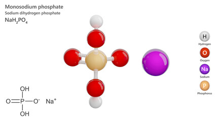 Molecule: Monosodium Phosphate. Molecular structure. Formula: NaH2PO4. Chemical model: Ball and stick. White background. 3D illustration.