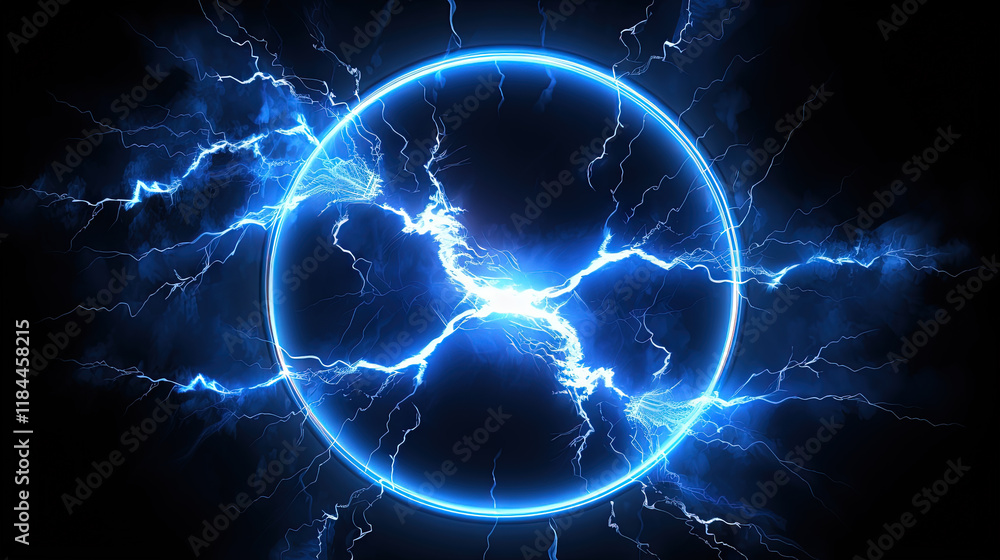 Poster lighting flash in the shape of circle. ring of thunderstorm lightning as a portal