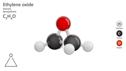 Molecule: Ethylene oxide or Oxirane. Flammable gas. Molecular structure. Formula: C2H4O. Chemical model: Ball and stick. White background. 3D illustration.