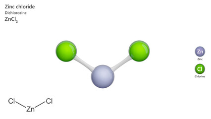 Molecule: Zinc Chloride. Molecular structure. Formula: ZnCl2. Chemical model: Ball and stick. White background. 3D illustration.
