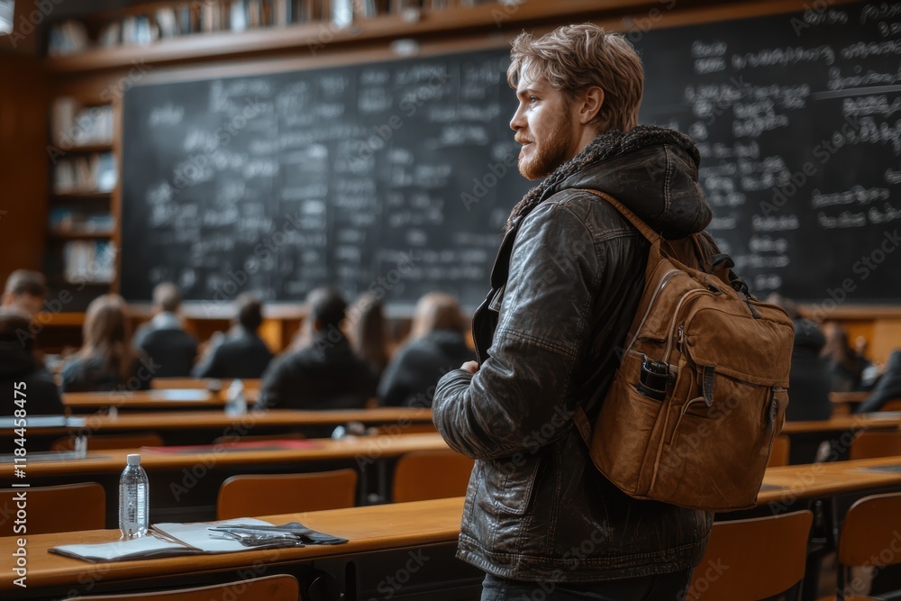Poster teacher engaging with students in a classroom with a blackboard and empty desks