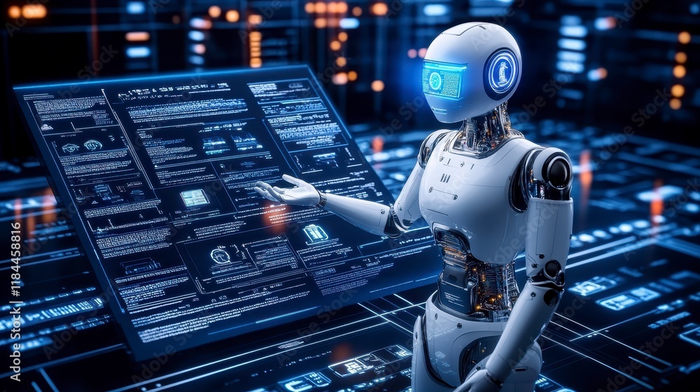Poster futuristic robot presenting data on holographic screen ai technology digital innovation