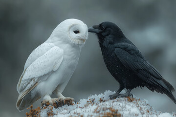 Fototapeta premium A thoughtful white owl dipping its head toward a quiet black crow, perched on a muted gray setting,