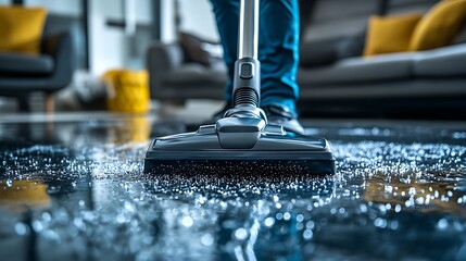 close-up of a vacuum cleaner head gliding across a carpeted floor, sucking up dust and debris