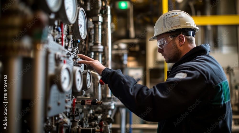 Poster industrial technician operating machinery factory setting action shot controlled environment close-u