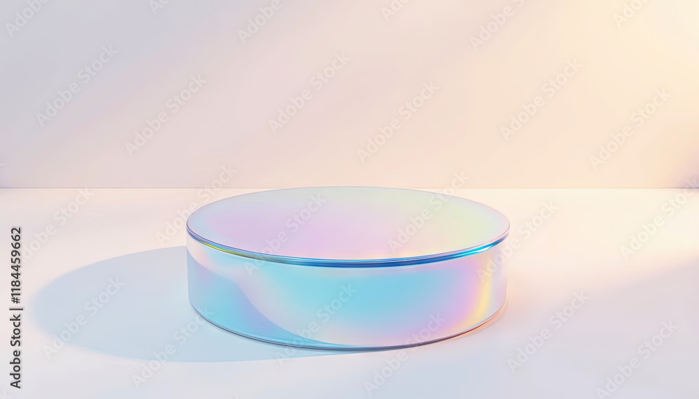 Poster minimalist pastel podium with soft pink and blue lighting, holographic empty showcase platform for p