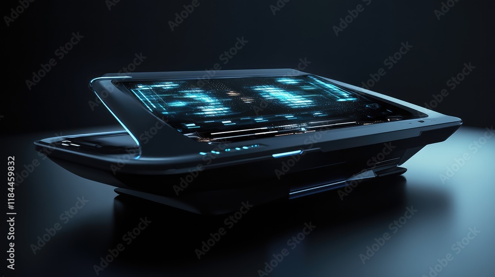 Poster sleek, futuristic computing device with holographic projection screens floating above its surface