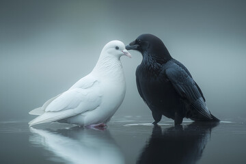 Obraz premium A serene white dove dipping its head to a statuesque black raven, floating on a smoky gray backdrop,