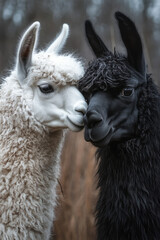 Obraz premium A white alpaca gently bending its neck toward a refined black llama, centered on a calm gray canvas,