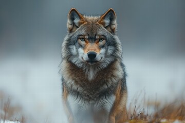 Fototapeta premium Mysterious wolf in thick fog amidst a snowy landscape during early morning hours