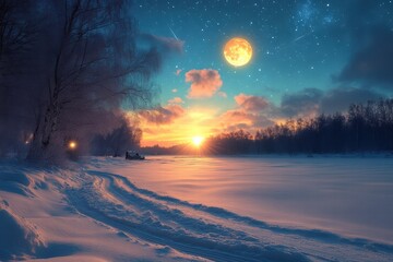 Winter night with bright moon and stars over snowy landscape and a distant sleigh