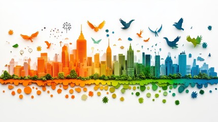 Fototapeta premium Vibrant Cityscape with Papercut Birds and Floral Elements Eco Friendly Urban Design Concept