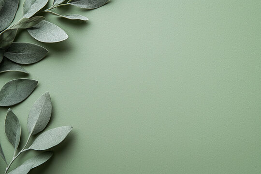 Fototapeta gentle sage green background with faint gradient and leaves, creating serene and calming atmosphere. Perfect for nature themed designs or backgrounds