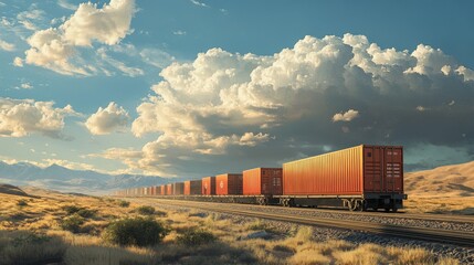 Freight train journey through scenic landscape desert terrain transport photography evening light wide-angle view motion and industry