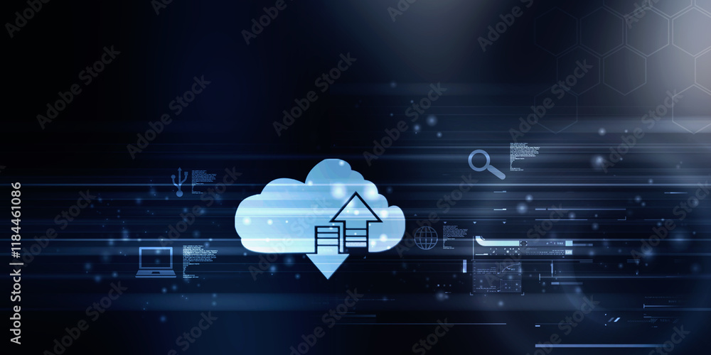 Poster 2d illustration uploading downloading arrow with cloud
