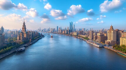 Fototapeta premium Stunning Panoramic View of City Skyline with River Boats and Buildings