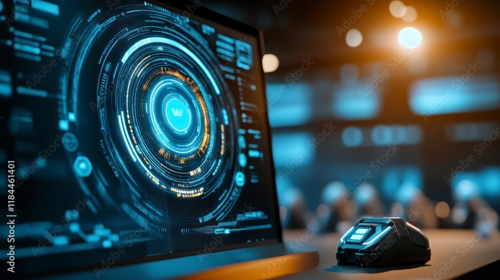 Poster futuristic technology interface display with sci fi device on desk
