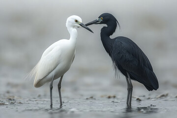 Naklejka premium A timid white quail lowering its beak to a graceful black heron, captured against a modern gray setting,