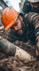 Construction Worker Repairing Pipe in Muddy Environment 