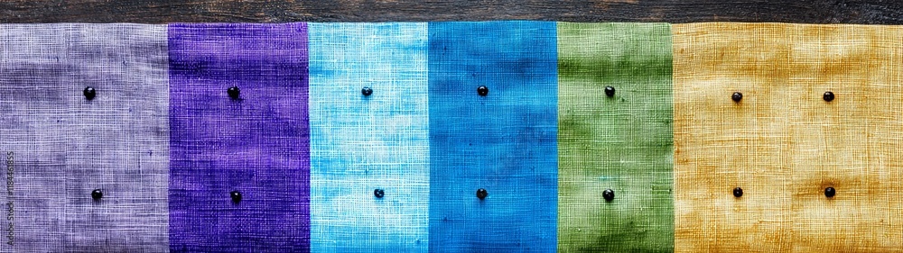 Poster colorful textured fabric samples arranged horizontally, showcasing various hues and patterns in an a