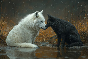 Obraz premium A thick-furred white polar wolf bowing to a slim black fox, both eyes locked on a calming gray set,