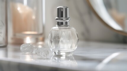 A detailed view of a single crystal-clear dropper bottle with a frosted glass finish, highlighted by a silver cap.