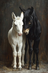 Naklejka premium A gentle white donkey leaning forward in front of a sophisticated black horse, softly lit on a mid-tone gray floor,