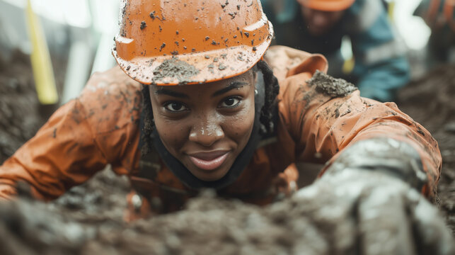 woman crawling through mud obstacle course race 