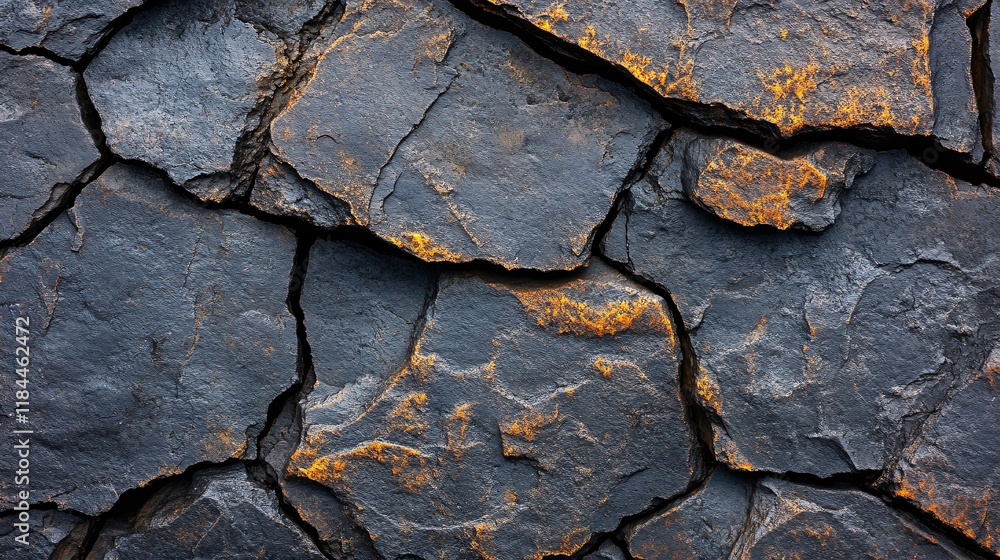Poster textured black rock surface with orange weathering patterns in close-up view