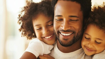 Loving Embrace Between Joyful Father and His Children in Warm Natural Light