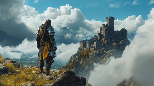 A knight stands on the edge of a cliff as a massive storm approaches. Lightning strikes in the distance, and his sword is raised in defiance, ready for whatever comes next.