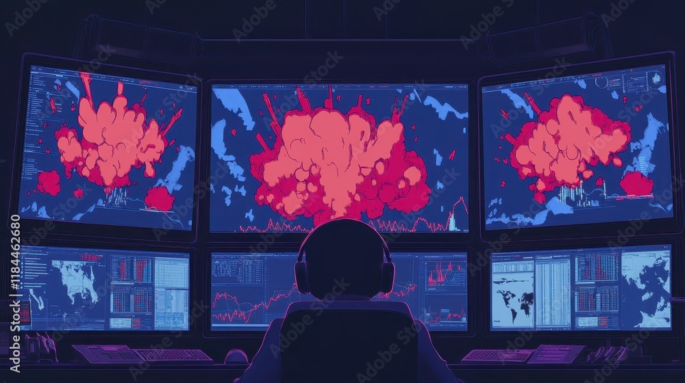 Poster person monitoring global crisis on multiple screens showing explosions and data streams