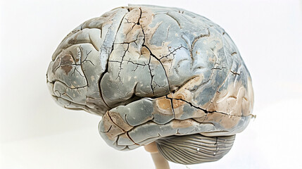 Aging human brain model with subtle cracks and fading colors, symbolizing cognitive decline and mental health. Concept of aging, neuroscience, and mental wellness.