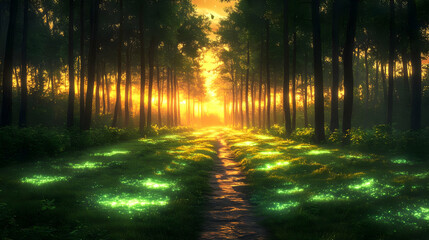Fototapeta premium Magical Forest Path at Sunset with Glowing Green Lights