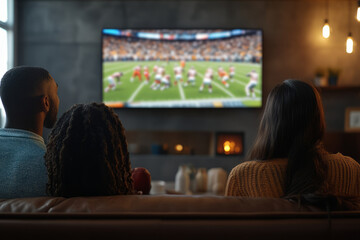 Group of friends enjoying a sports game on TV at a bar