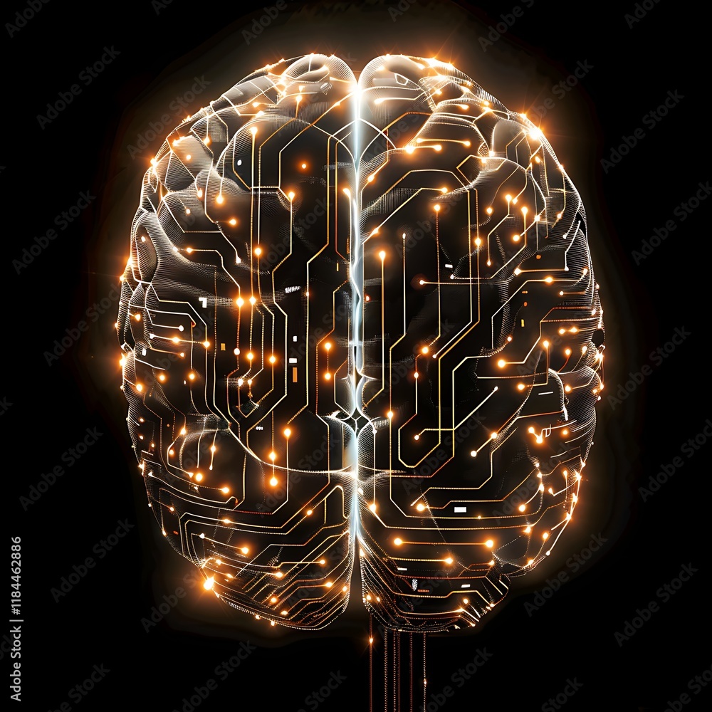Poster glowing brain with circuit board patterns. represents artificial intelligence, technology, and the h