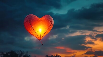 Fototapeta premium A glowing heart-shaped paper lantern floating in the evening sky