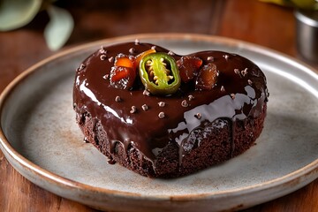 A heart-shaped cake with a topping of candied jalape?+/-o and a spicy chocolate glaze, on a...