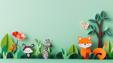 Fototapeta premium Cute Paper Animals in a Colorful Garden Scene