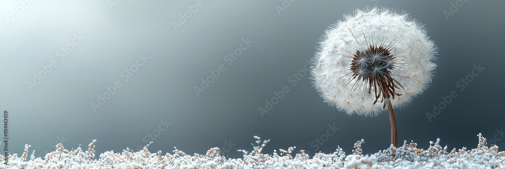 Poster one tall dried dandelion clock leaning into a diffuse grayish-blur, each seed head fragile and airy,