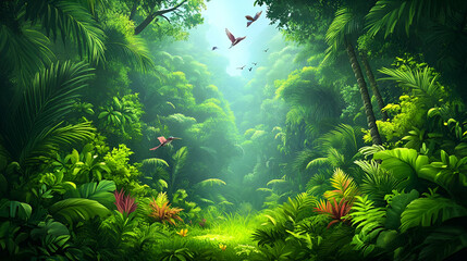 Lush Tropical Jungle with Sunlight Streaming Through Canopy, Birds in Flight
