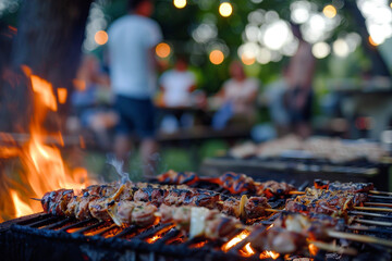 Gathering for BBQ with Grilling and Friends at a Summer Celebrat