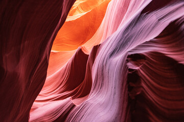 Obraz premium Lower Antelope Canyon near Page Arizona. The canyon is famous for its stunning wave-like sandstone walls that come alive with vibrant colors when sunlight filters through the cracks. 