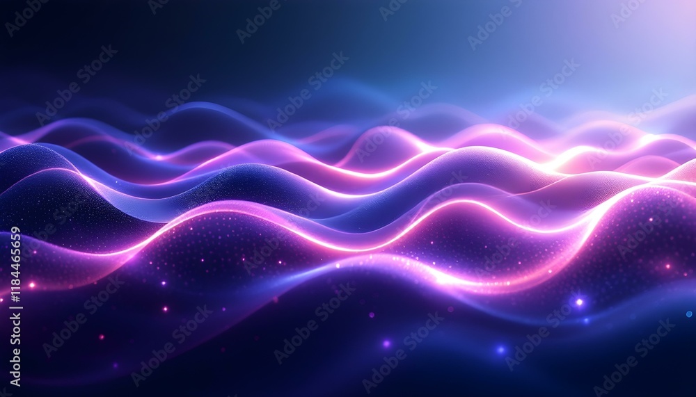 Poster Cool blue and purple abstract background with glowing waves. Shiny moving lines design element. Futuristic technology concept. Dark abstract background with glowing wave. Shiny moving lines design